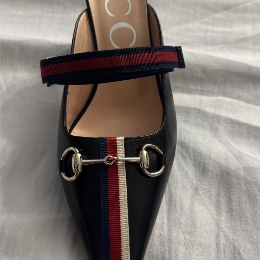 Gucci Black Flats with Red and Blue Stripes